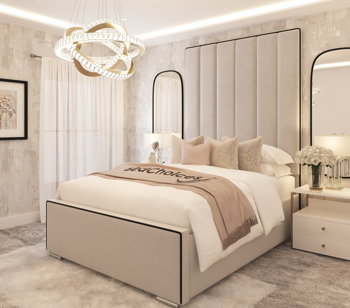 Herringbone Luxury Panelled Bed With Contrast Black Piping