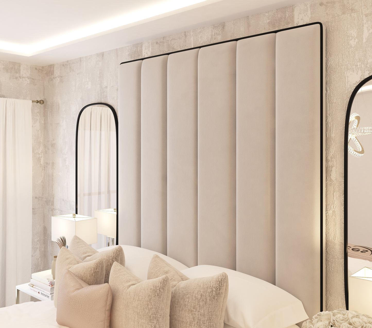Herringbone Luxury Panelled Bed With Contrast Black Piping
